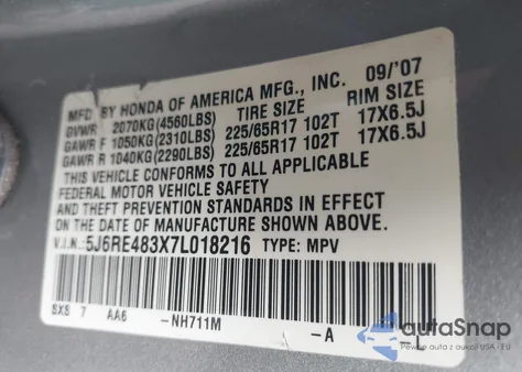 2007 Honda Cr-V Lx z USA, uszkodzony, nr VIN 5J6RE483X7L018216